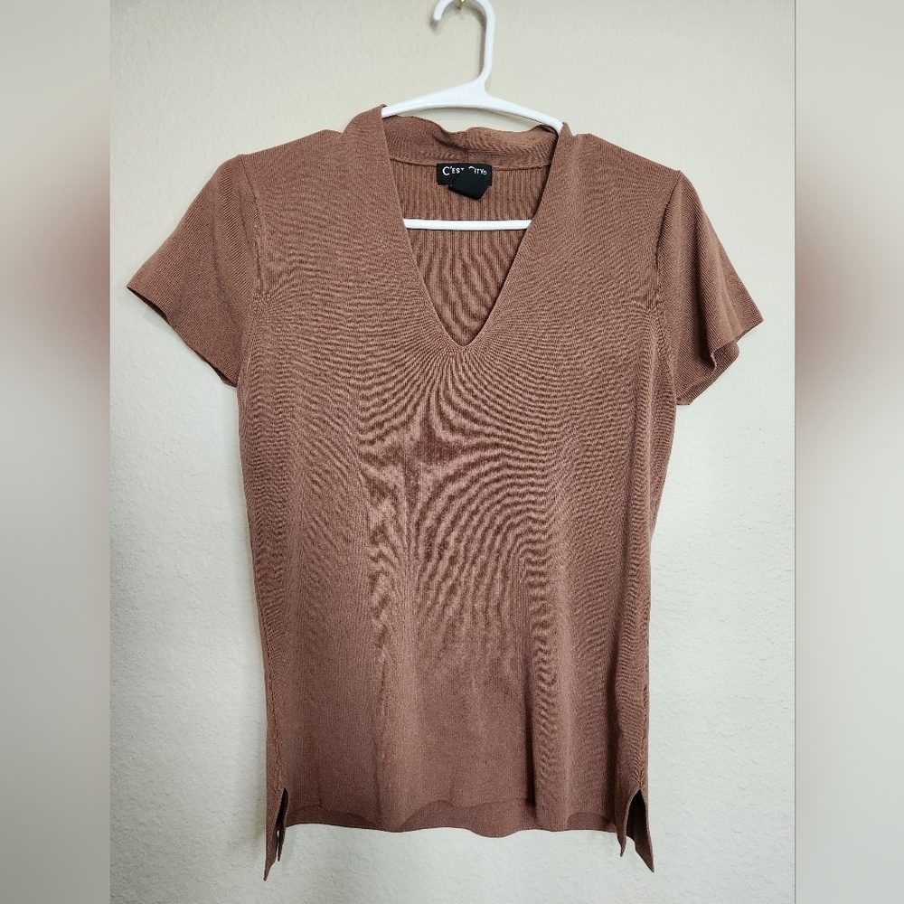 Vintage 90s Brown Vneck Short Sleeve Flouncy Top Size Medium